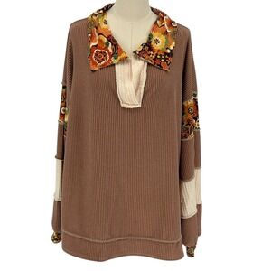 Haptics by Holly Harper Brown Floral Print Collared Waffle Knit Pullover Top 1X